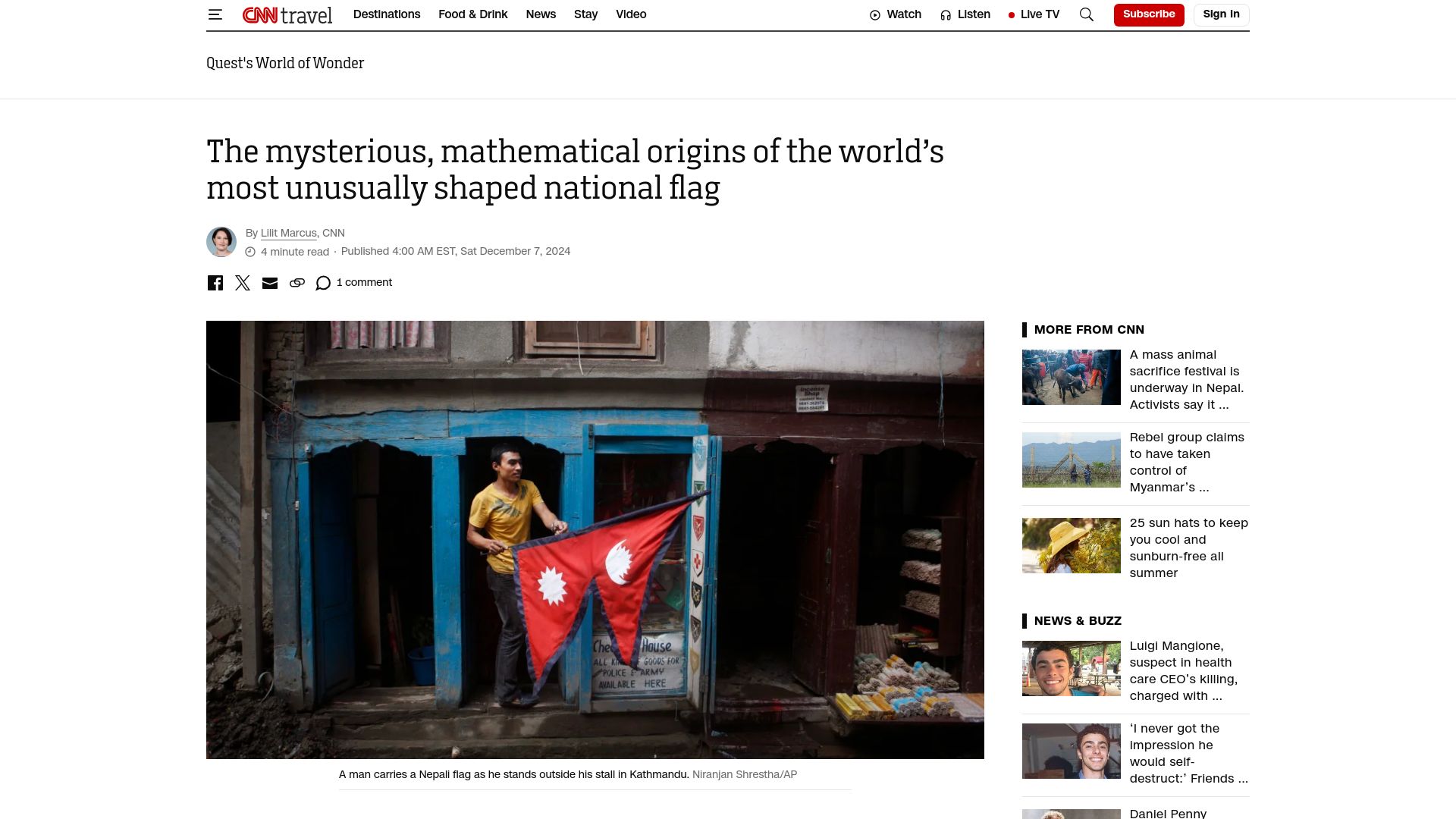 Screenshot of cnn.com: Mysterious, mathematical origins of world’s most unusually shaped national flag