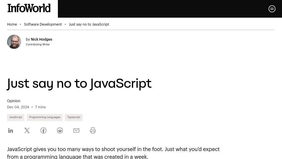 Screenshot of infoworld.com: Just Say No to JavaScript