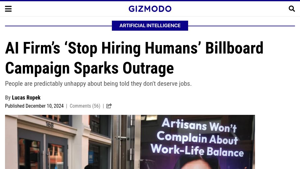 Screenshot of gizmodo.com: Y Combinator Funded AI Firm's 'Stop Hiring Humans' Billboard Sparks Outrage