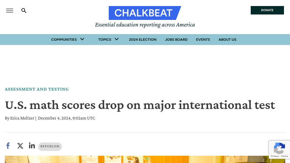 Screenshot of chalkbeat.org: U.S. math scores drop on major international test
