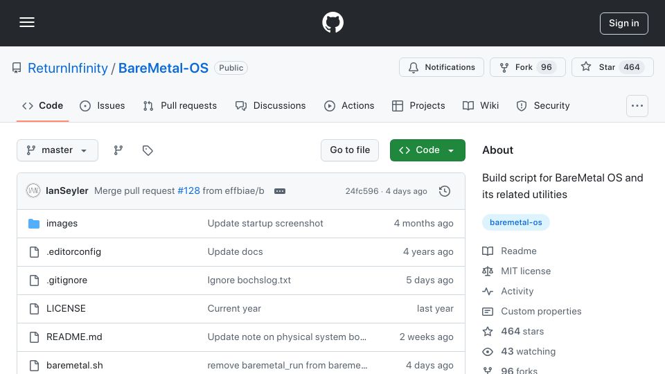 Screenshot of github.com: BareMetal OS