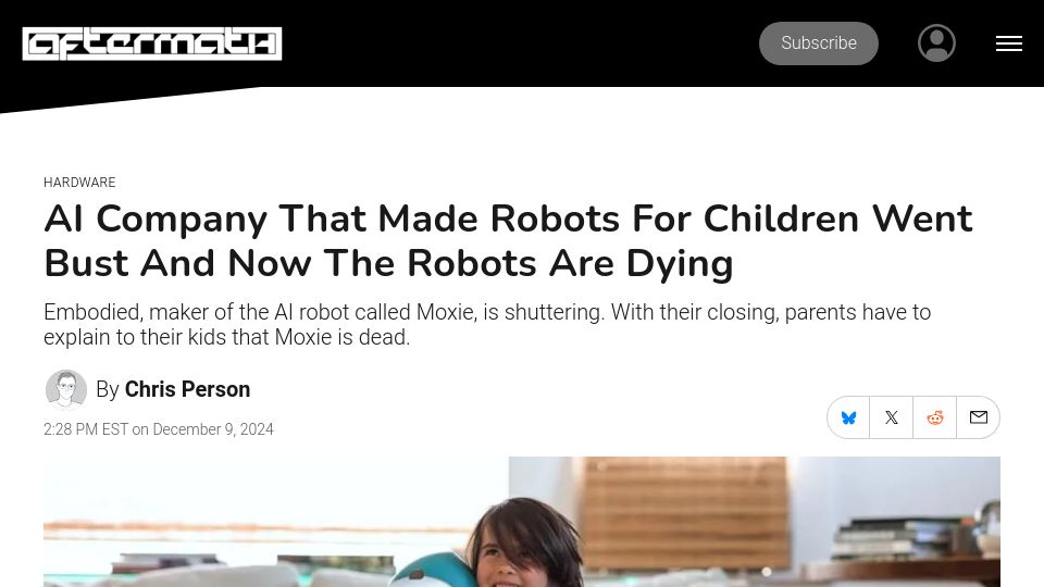 Screenshot of aftermath.site: AI Company That Made Robots for Children Went Bust and Now the Robots Are Dying