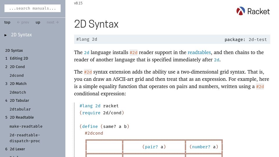 Screenshot of docs.racket-lang.org: 2D Racket Syntax