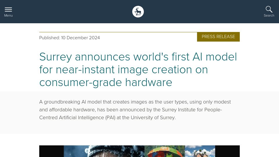 Screenshot of surrey.ac.uk: AI model for near-instant image creation on consumer-grade hardware