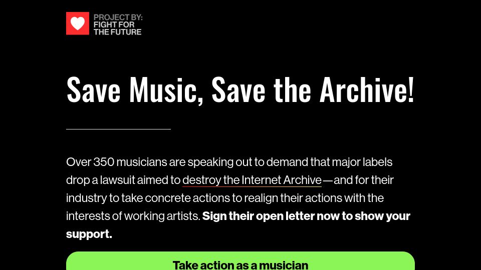 Screenshot of savethearchive.com: Save Music, Save the Archive