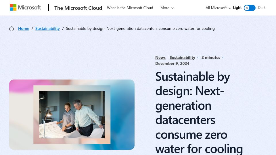 Screenshot of microsoft.com: Next-generation datacenters consume zero water for cooling