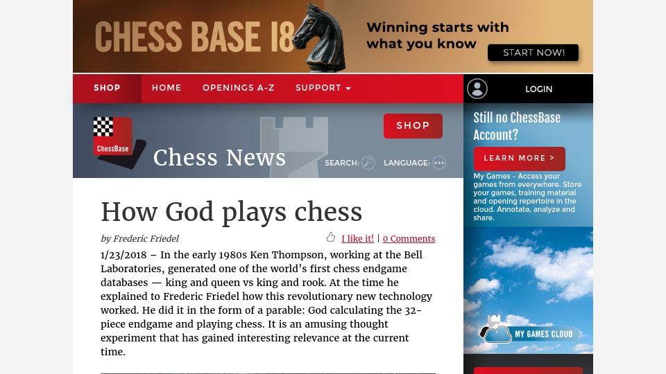 Screenshot of en.chessbase.com: How God Plays Chess (2018)