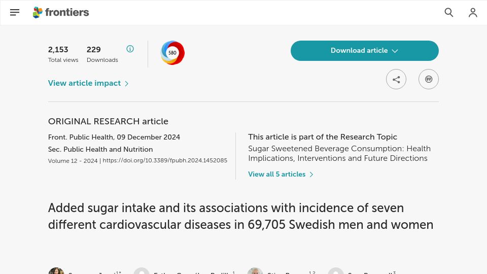 Screenshot of frontiersin.org: Added sugar intake and its associations with incidence of cardiovascular disease