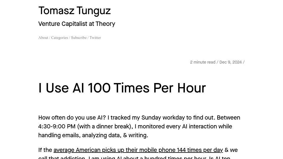 Screenshot of tomtunguz.com: I Use AI 100 Times per Hour