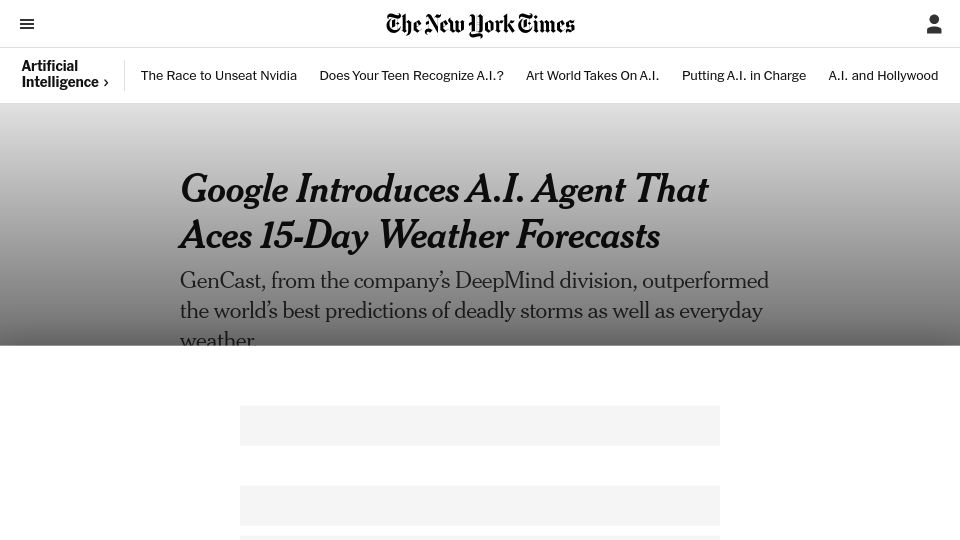 Screenshot of nytimes.com: Google Introduces A.I. Agent That Aces 15-Day Weather Forecasts