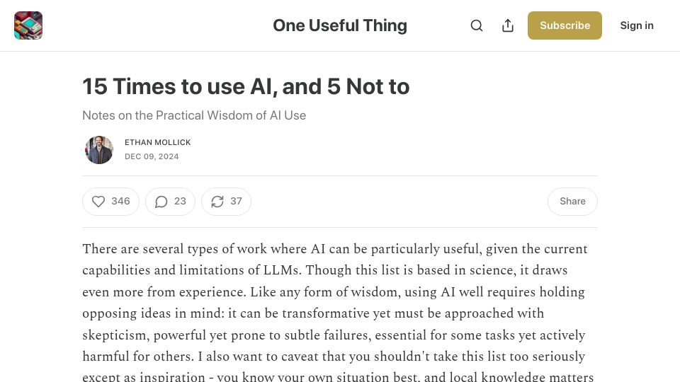 Screenshot of oneusefulthing.org: 15 Times to use AI, and 5 Not to