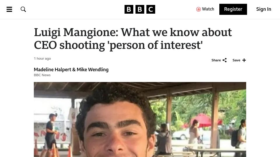 Screenshot of bbc.com: What we know about CEO shooting suspect