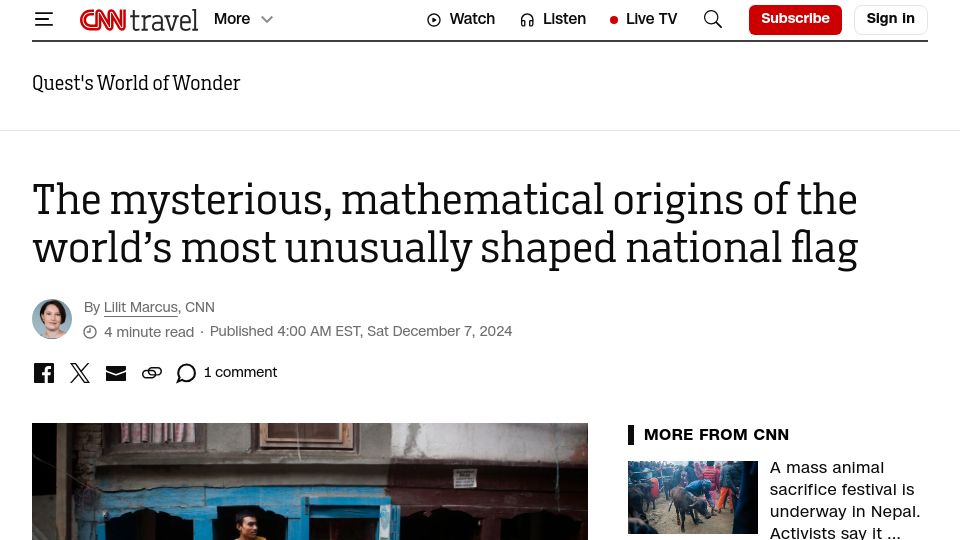 Screenshot of cnn.com: Mysterious, mathematical origins of world’s most unusually shaped national flag
