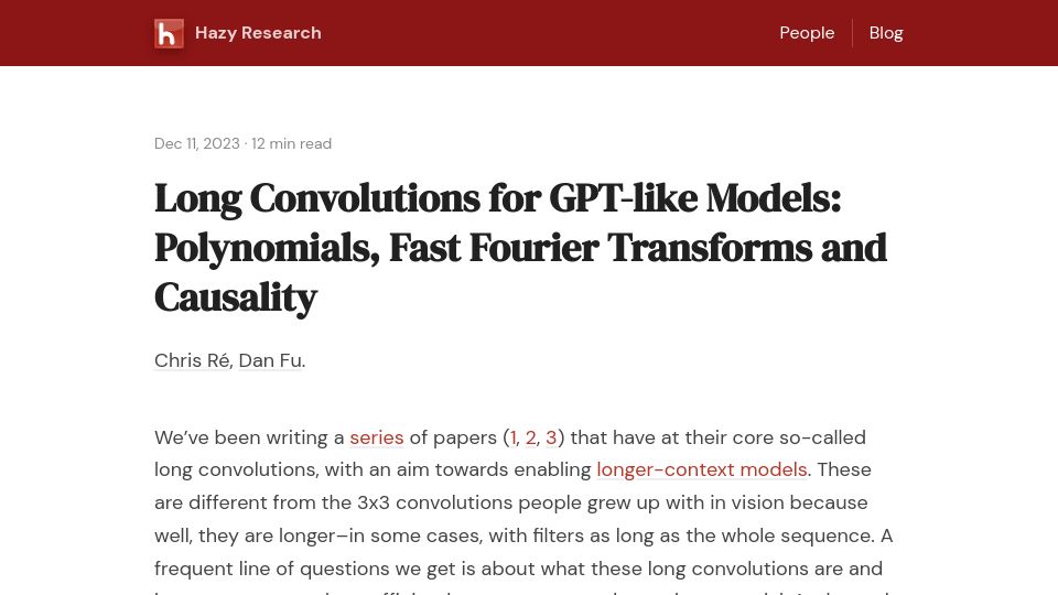 Screenshot of hazyresearch.stanford.edu: Long Convolutions via Polynomial Multiplication