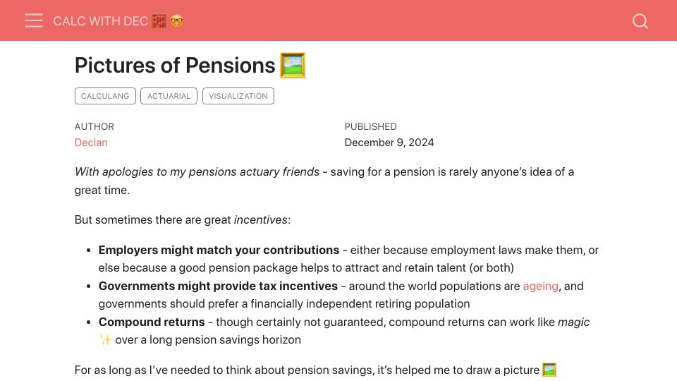 Screenshot of calcwithdec.dev: Pictures of Pensions