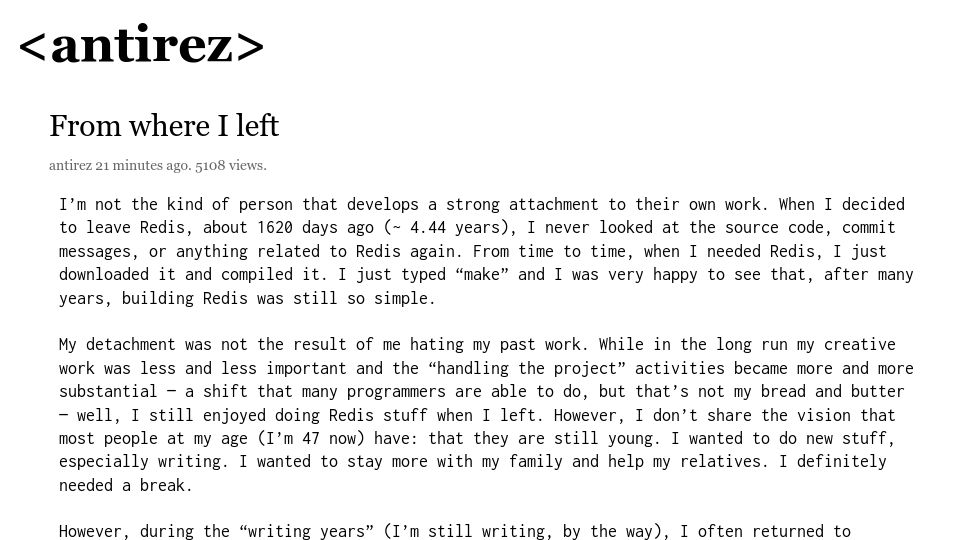 Screenshot of antirez.com: From where I left