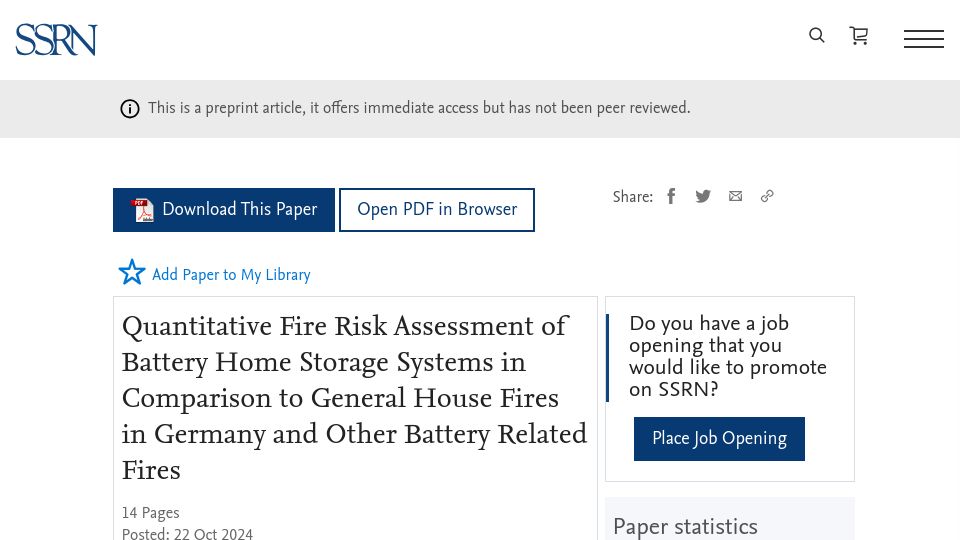 Screenshot of papers.ssrn.com: Fire risk assessment of battery home storage compared to general house fires