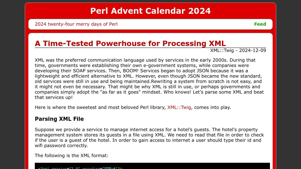 Screenshot of perladvent.org: XML: Twig – A Time-Tested Powerhouse for Processing XML