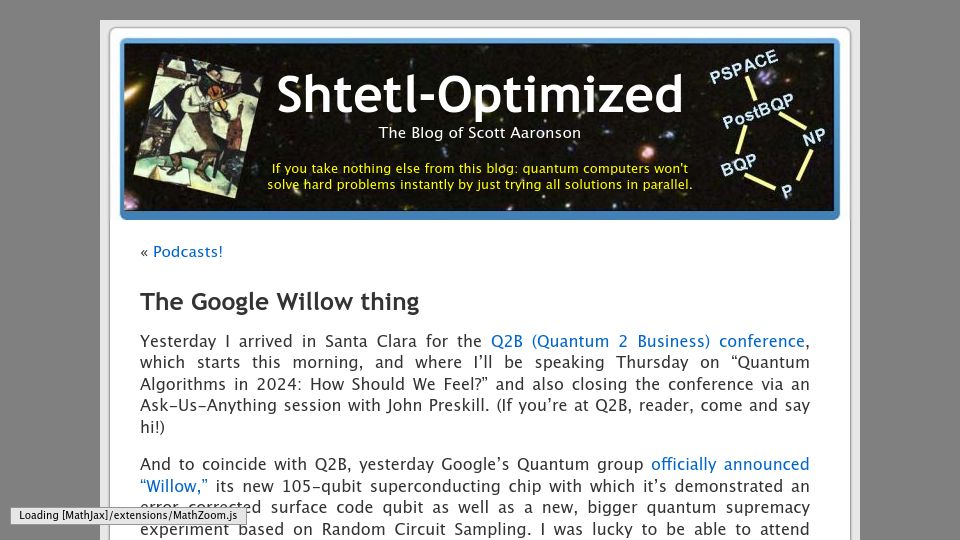 Screenshot of scottaaronson.blog: The Google Willow Thing