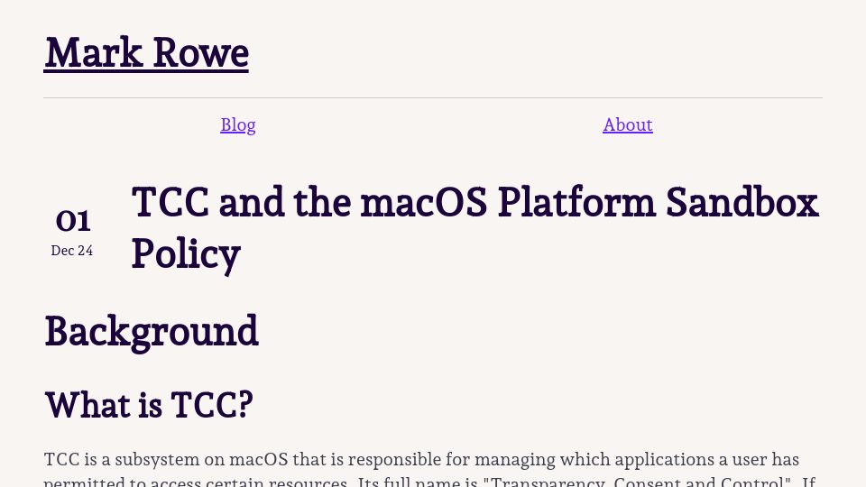 Screenshot of bdash.net.nz: TCC and the macOS Platform Sandbox Policy
