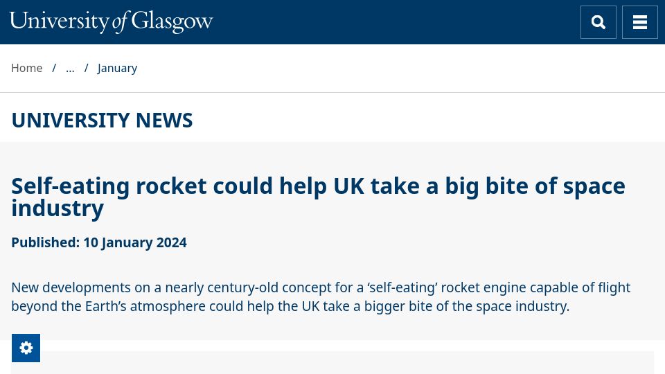Screenshot of gla.ac.uk: Self-eating rocket could help UK take a big bite of space industry