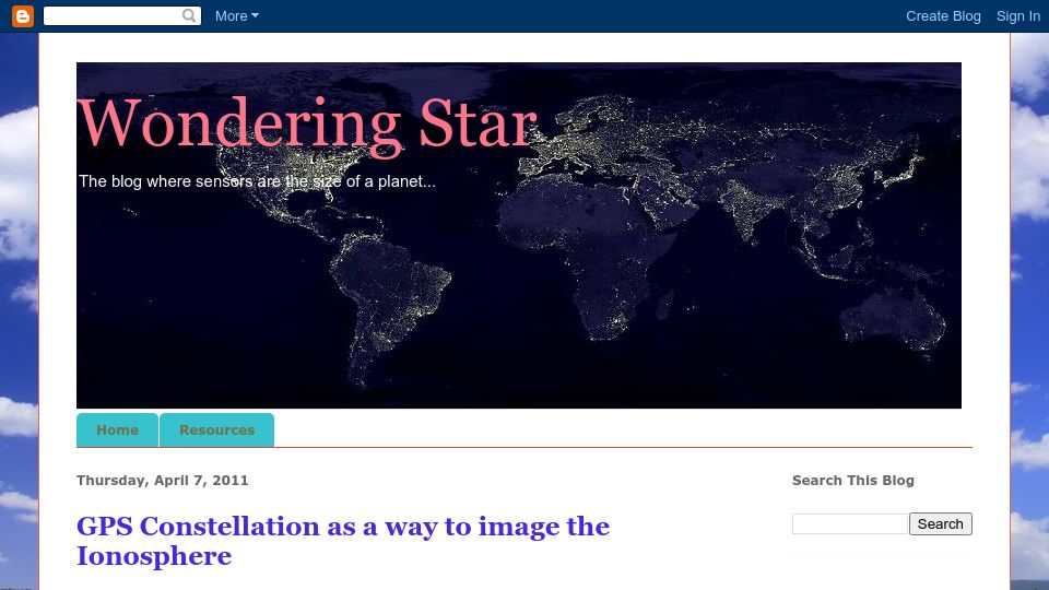 Screenshot of wondering-star.blogspot.com: GPS constellation as a way to image the ionosphere (2011)