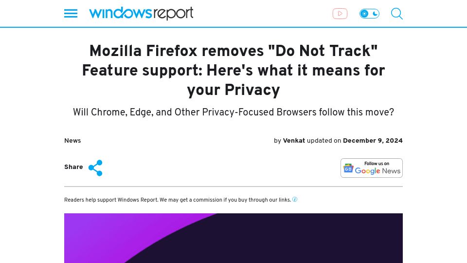 Screenshot of windowsreport.com: Firefox removes "do not track" feature support