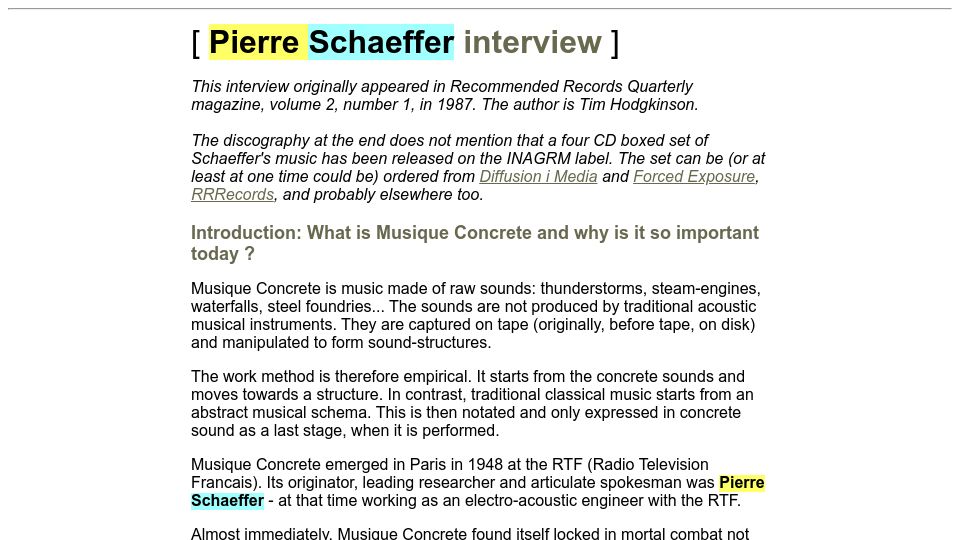 Screenshot of paul.mycpanel.princeton.edu: Pierre Schaeffer looking back on his career in musique concrète (1987)