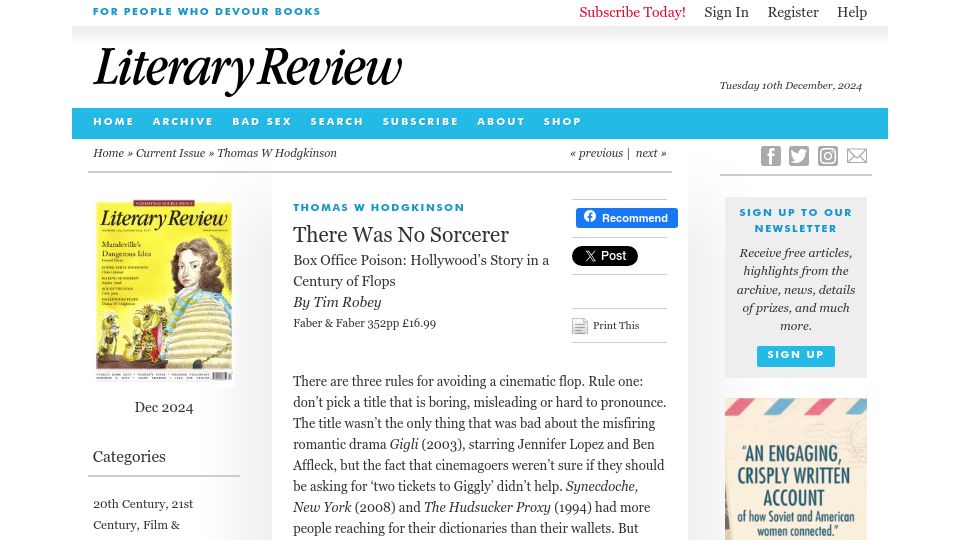 Screenshot of literaryreview.co.uk: There Was No Sorcerer: Box Office Poison, Hollywood's Story in Century of Flops