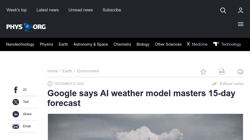 Screenshot of phys.org: Google says AI weather model masters 15-day forecast