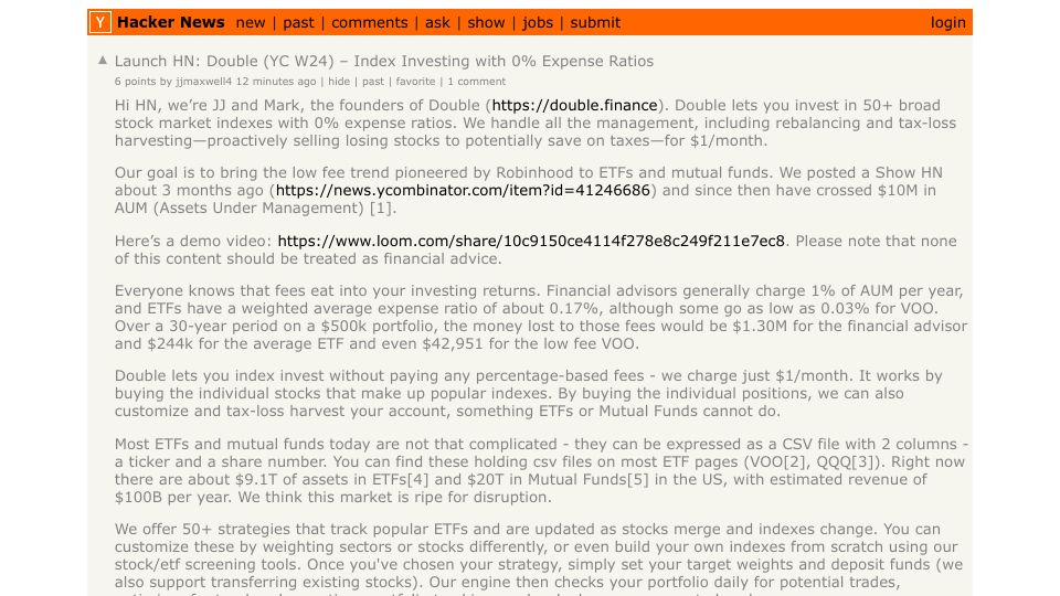 Screenshot of Hacker News post: Launch HN: Double (YC W24) – Index Investing with 0% Expense Ratios