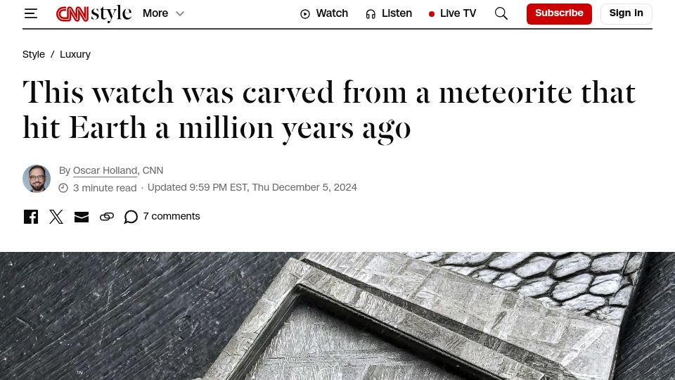 Screenshot of cnn.com: Watch carved from meteorite that hit Earth a million years ago