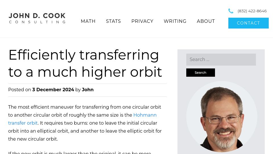 Screenshot of johndcook.com: Bi-elliptic transfer orbit maneuver