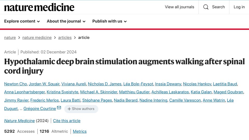 Screenshot of nature.com: Hypothalamic deep brain stimulation augments walking after spinal cord injury
