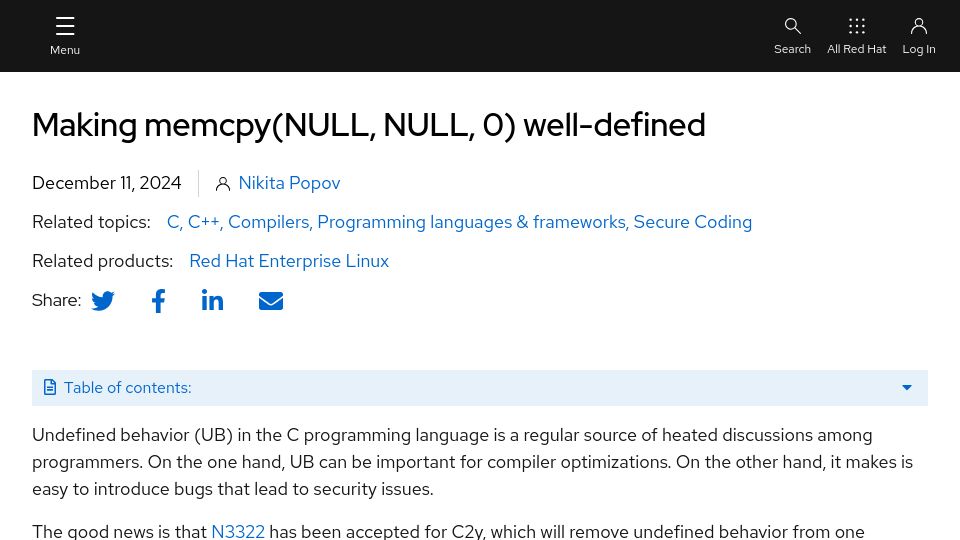 Screenshot of developers.redhat.com: Making memcpy(NULL, NULL, 0) well-defined