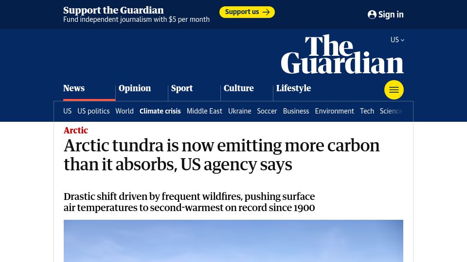 Screenshot of theguardian.com: Arctic tundra is now emitting more carbon than it absorbs, US agency says