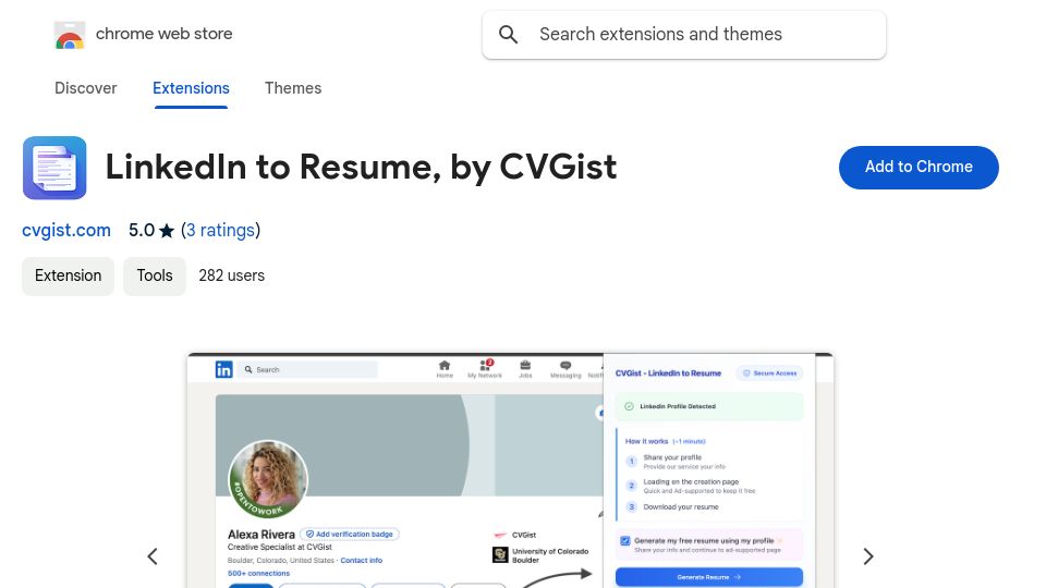 Screenshot of chromewebstore.google.com: Show HN: Convert your LinkedIn profile to a resume