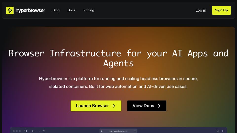 Screenshot of hyperbrowser.ai: Show HN: Hyperbrowser – Scalable Browser Infrastructure for AI Apps