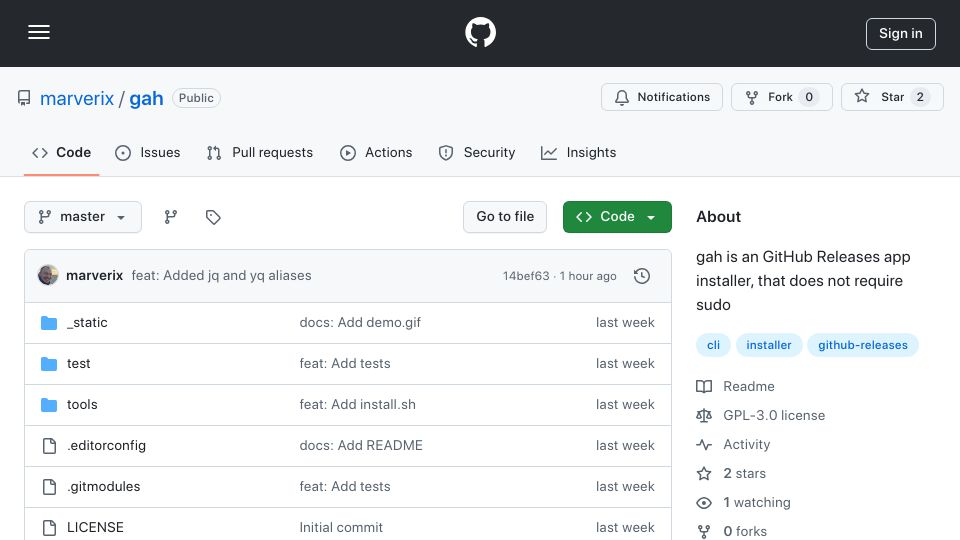 Screenshot of github.com: Gah – CLI to install software from GitHub Releases