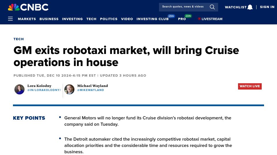 Screenshot of cnbc.com: GM exits robotaxi market, will bring Cruise operations in house