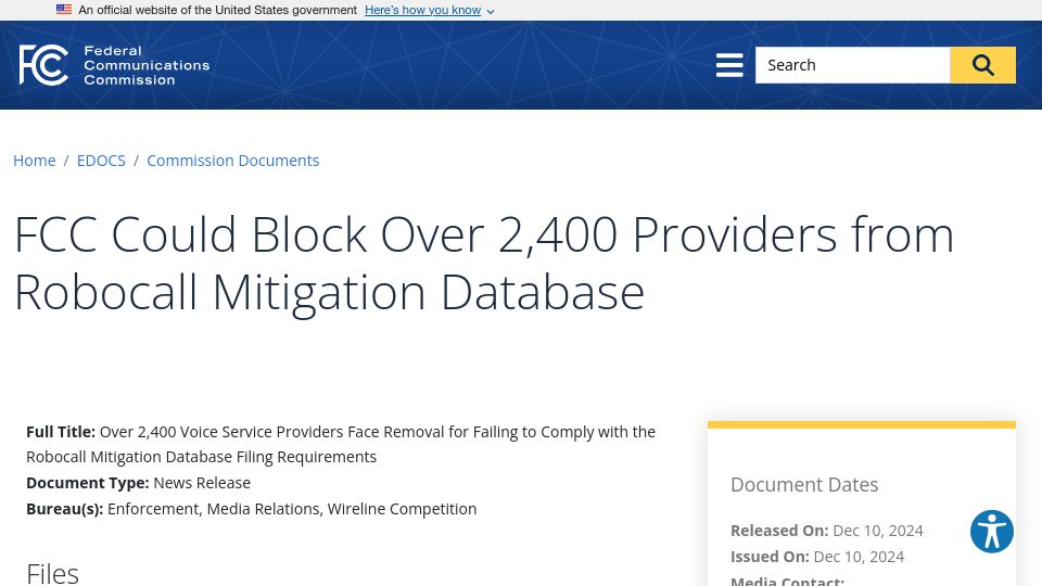 Screenshot of docs.fcc.gov: 2400 phone providers may be shut down by the FCC for failing to stop robocalls