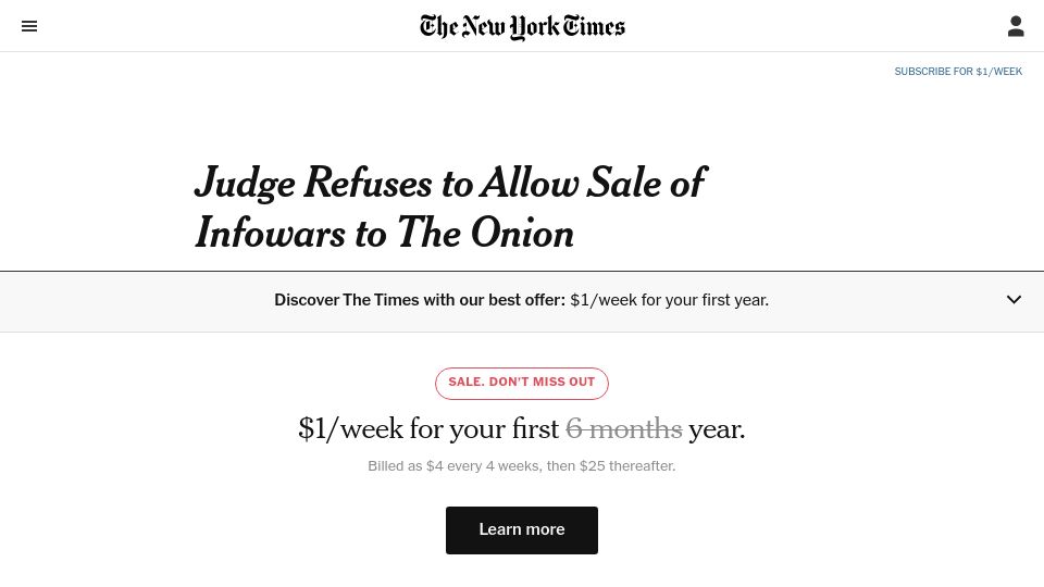 Screenshot of nytimes.com: Bankruptcy judge rejects sale of Infowars to The Onion