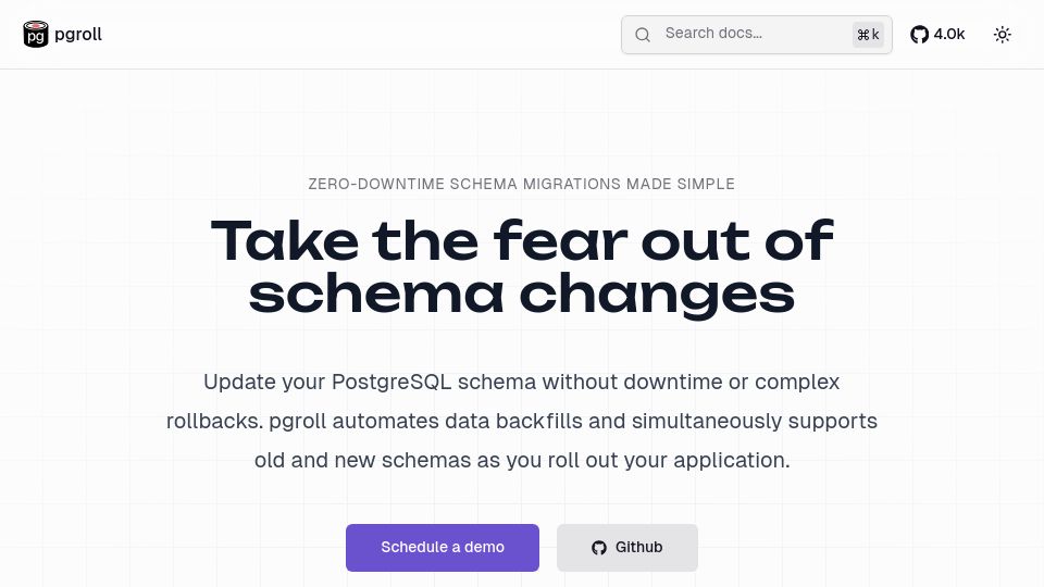 Screenshot of pgroll.com: Pgroll – Zero-downtime, reversible, schema changes for PostgreSQL (new website)