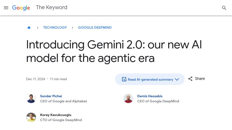 Screenshot of blog.google: Gemini 2.0: our new AI model for the agentic era