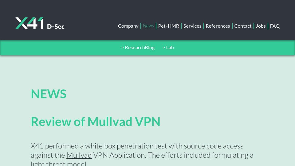 Screenshot of x41-dsec.de: Review of Mullvad VPN