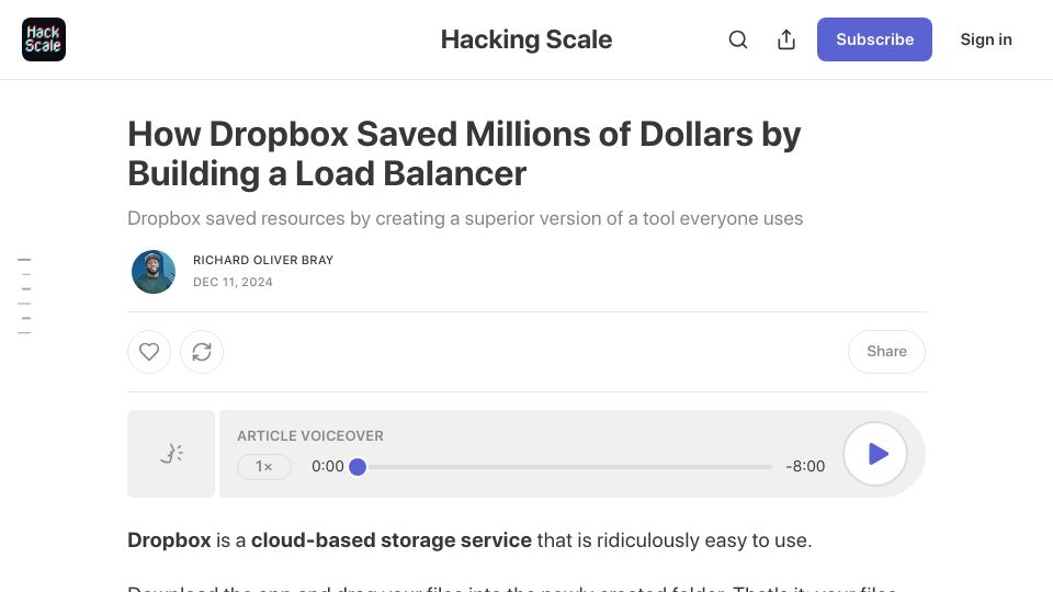 Screenshot of newsletter.betterstack.com: Dropbox saved millions building a custom load balancer