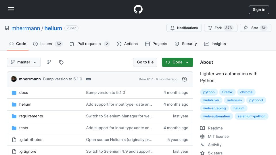 Screenshot of github.com: Helium: Lighter Web Automation with Python