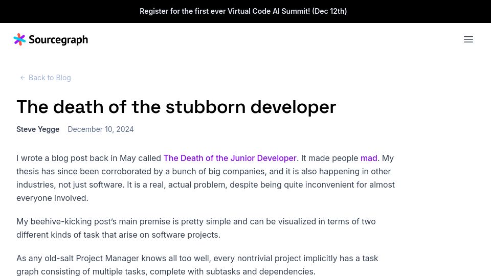 Screenshot of sourcegraph.com: The Death of the Stubborn Developer