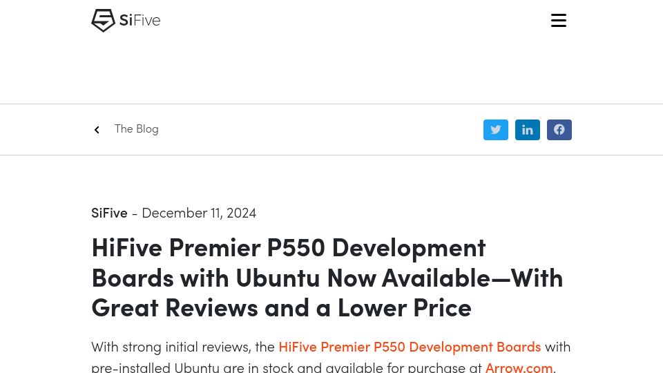 Screenshot of sifive.com: RISC-V HiFive Premier P550 Development Boards with Ubuntu Now Available