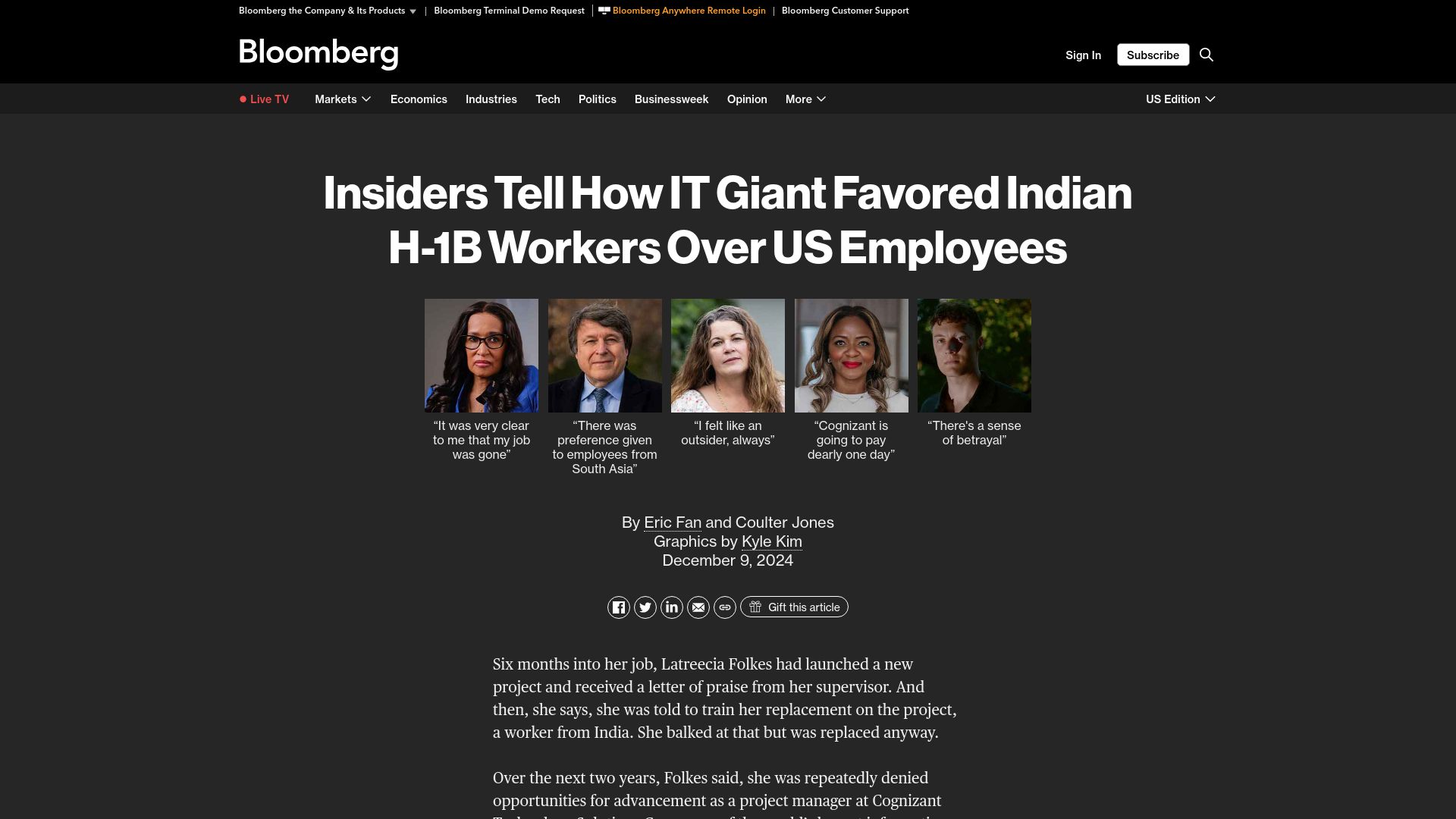 Screenshot of bloomberg.com: Jury finds Cognizant discriminated against US workers
